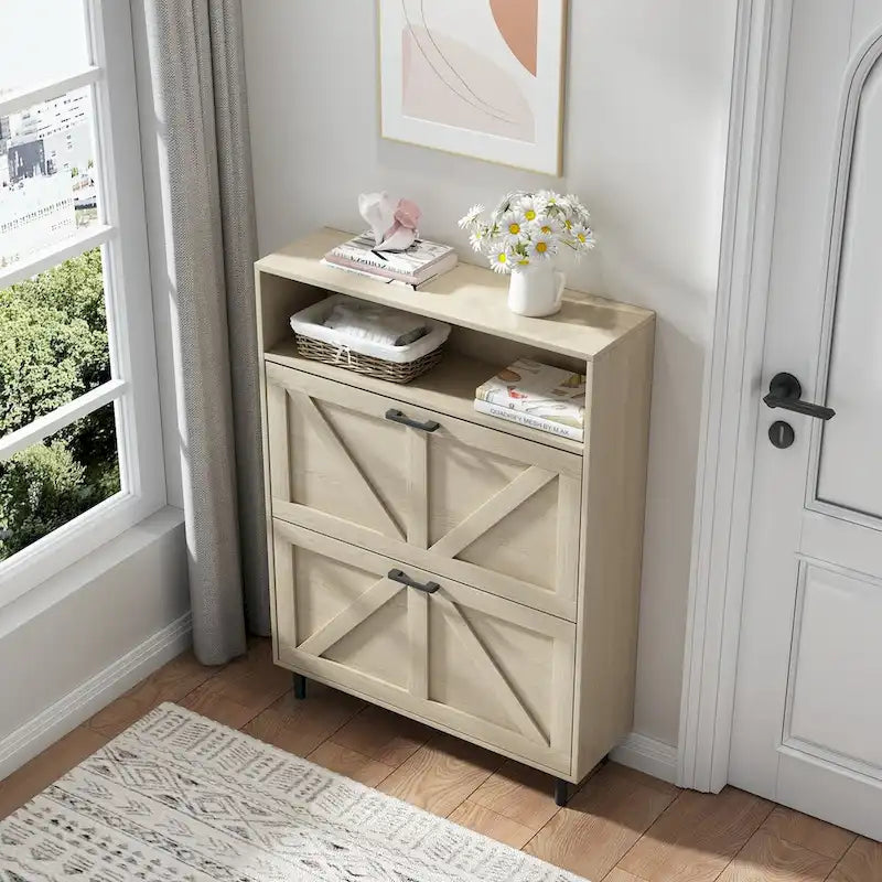 Schuhschrank mit Scheunentür-Design, Schuhorganizer mit 2 Klappschubladen, freistehender Schuhschrank mit offenem Stauraum