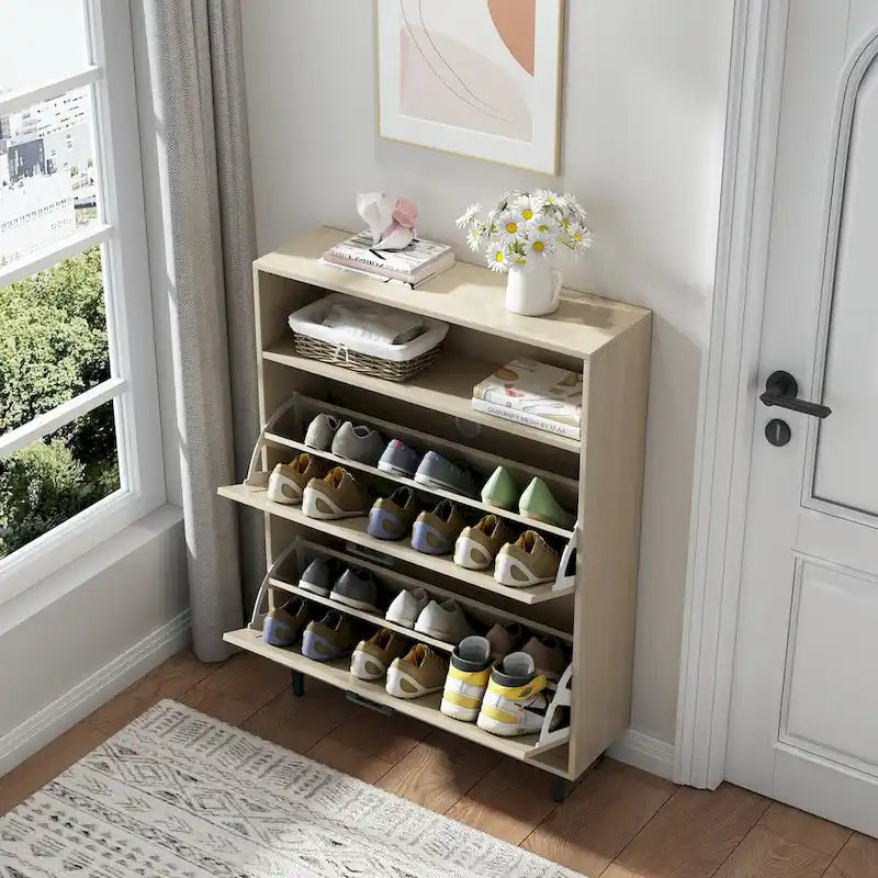 Schuhschrank mit Scheunentür-Design, Schuhorganizer mit 2 Klappschubladen, freistehender Schuhschrank mit offenem Stauraum