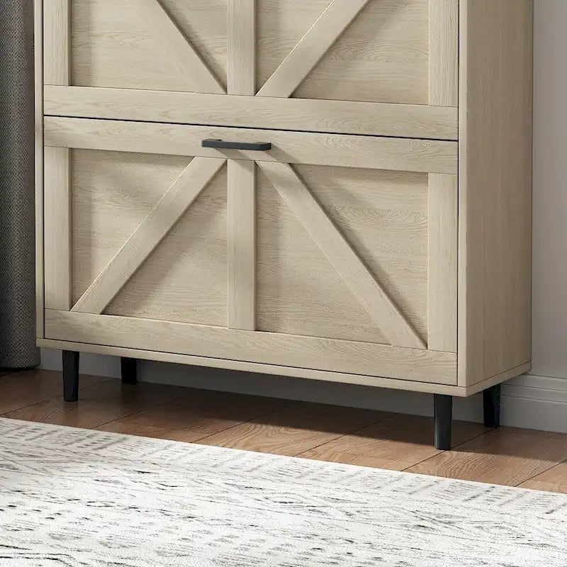 Schuhschrank mit Scheunentür-Design, Schuhorganizer mit 2 Klappschubladen, freistehender Schuhschrank mit offenem Stauraum