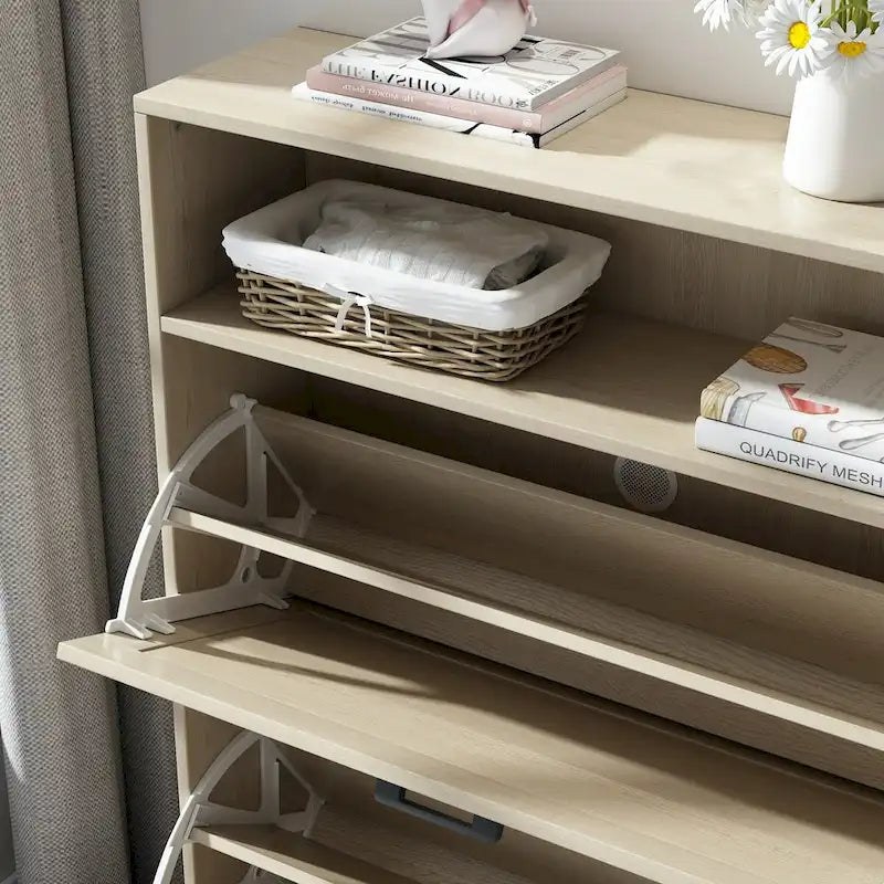 Schuhschrank mit Scheunentür-Design, Schuhorganizer mit 2 Klappschubladen, freistehender Schuhschrank mit offenem Stauraum