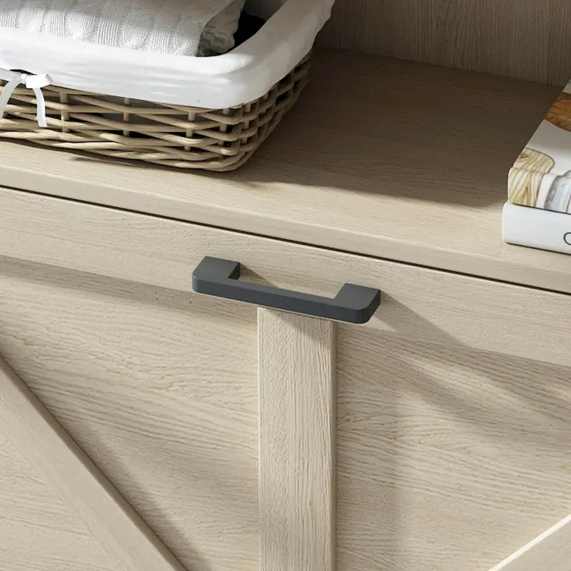 Schuhschrank mit Scheunentür-Design, Schuhorganizer mit 2 Klappschubladen, freistehender Schuhschrank mit offenem Stauraum